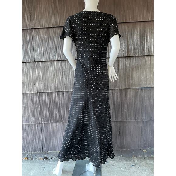 🔥Donna Ricco 10% Silk Black & Brown Polkadots Bias Cut Flutter Sleeve Dress - Picture 4 of 16
